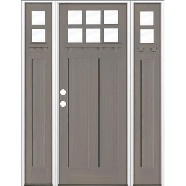 Krosswood Doors 64 in. x 96 in. Craftsman 6-Lite Right-Hand Clear Glass Grey Stain Hemlock Wood Prehung Front Door w/ DSL and DS