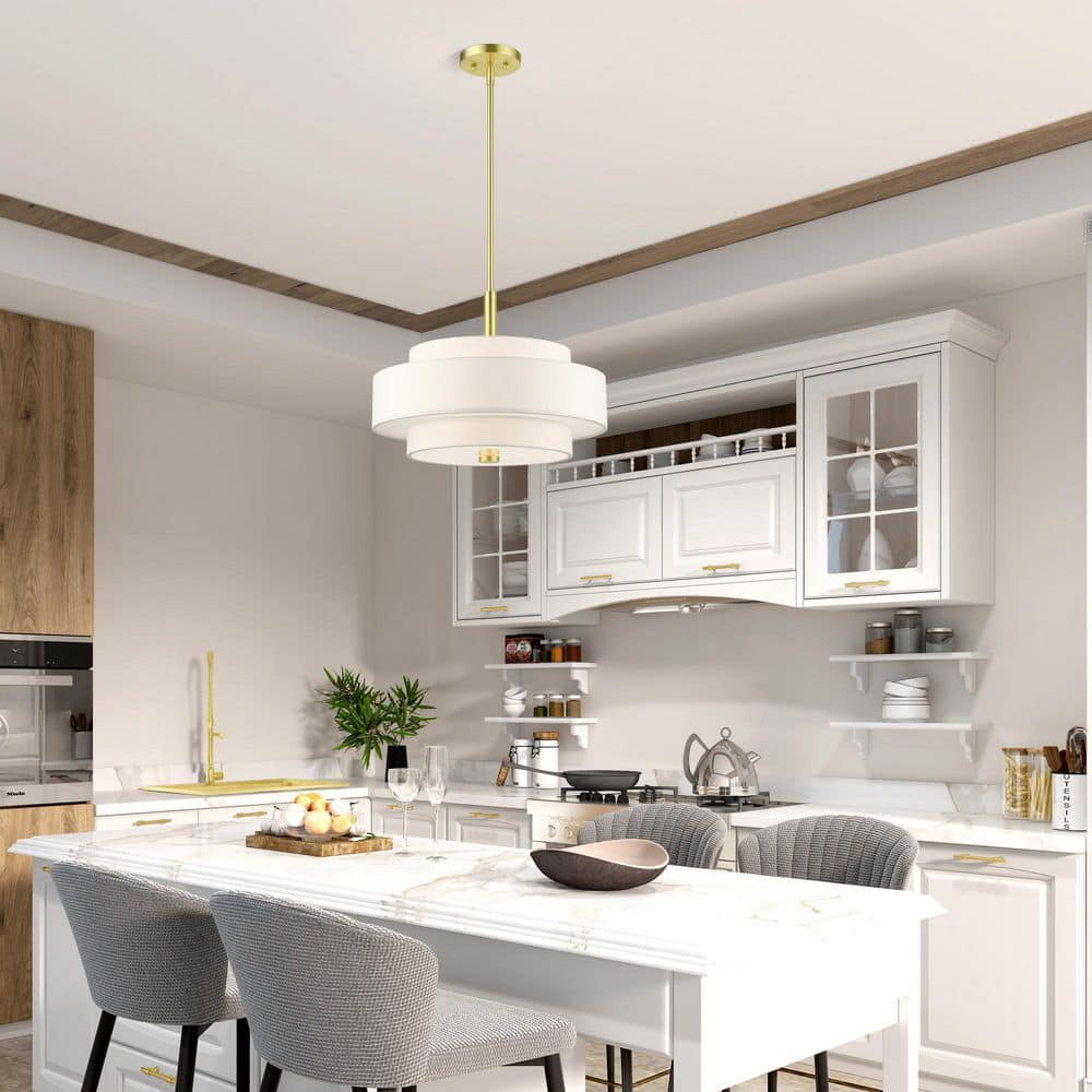 Satin Brass 4-Light Drum Chandelier with Off-White Shade