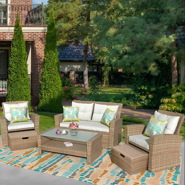 Unbranded 4-Piece All-Weather Wicker Patio Sofa Set with Ottoman and Beige Cushions - Perfect for Outdoor Conversations
