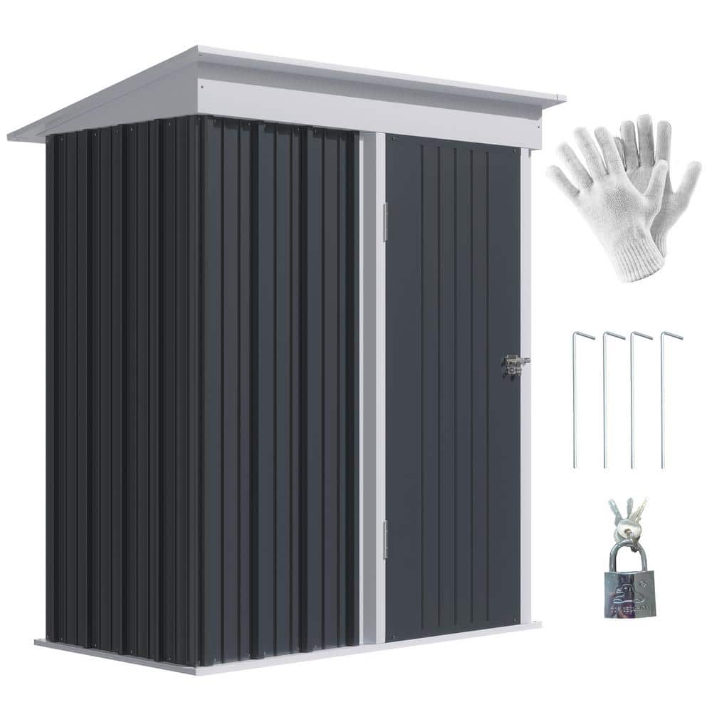 Dark Gray Metal Outdoor Storage Shed with Shelving