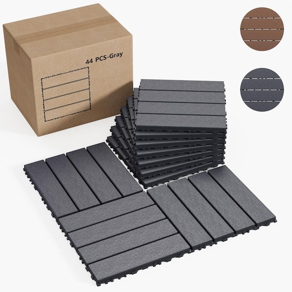 12 in.W x 12 in. L Outdoor Striped Pattern Square Plastic Interlocking Flooring Deck Tiles (Pack of 44 Tiles)in Gray