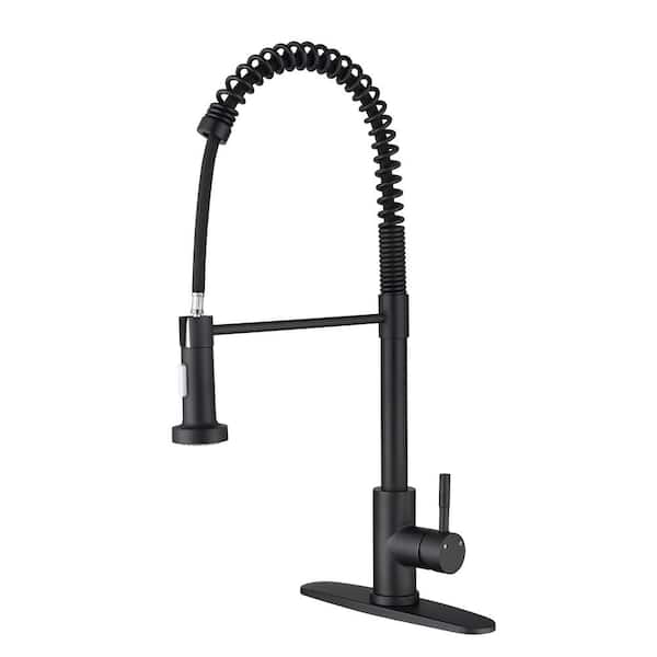Single-Handle Deck Mount Gooseneck Pull Down Sprayer Kitchen Faucet in Matte Black