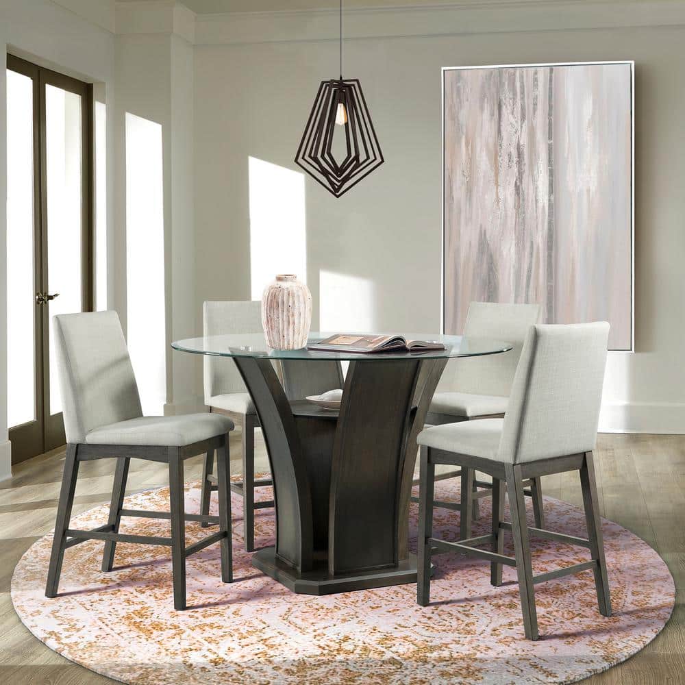 Transitional Cream Upholstered Counter Height Side Chair Set in Walnut