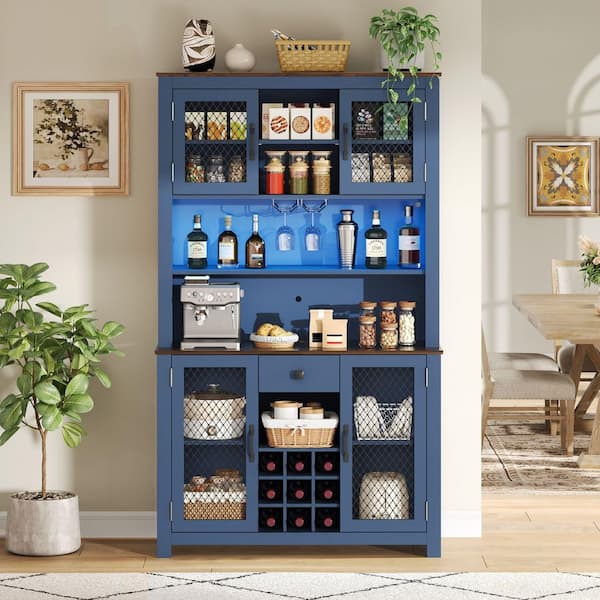Navy Blue 47.10 in. W x 70.90 in. H Pantry Storage Cabinet with LED Outlets, Doors and Shelves Wine Rack