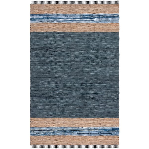 Vintage Leather Blue/Natural 8 ft. x 10 ft. Border Solid Color Area Rug