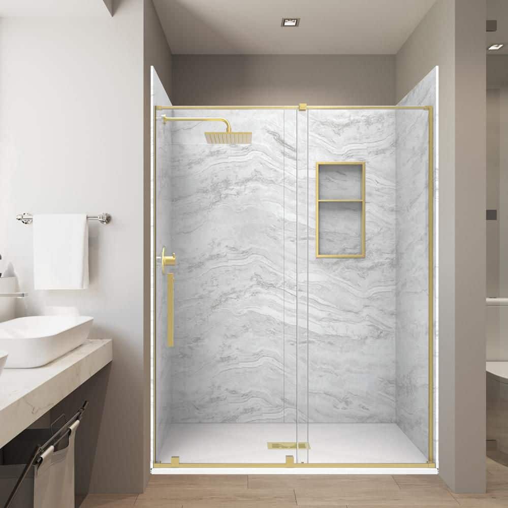 Sierra Light 32in x 60in x 84in Combo Solid Composite Stone Alcove Shower Kit Matching Brushed Gold Door, Niche & Drain price history on PriceWatchPro