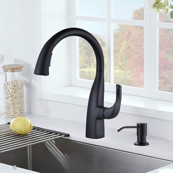 Single Handle Gooseneck Pull Down Sprayer Kitchen Faucet Stainless Steel with Soap Dispenser in Matte Black