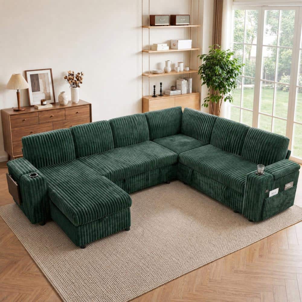 "110"" 7-Seat L Modular Corduroy Sleeper Sectional,Storage Chaise,USB,Cup Holders,Side Table,Storage Arms," price history on PriceWatchPro