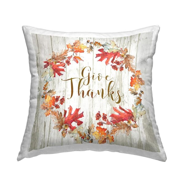 Stupell Industries Give Thanks Rustic Autumnal Border Beige Botanical Polyester 18in. X 18in. Throw Pillow