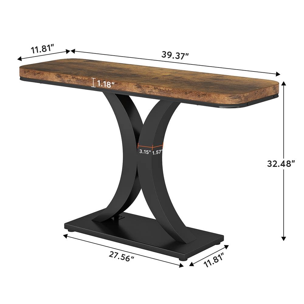Rustic Brown and Black 40" Console Table with Geometric Metal Base