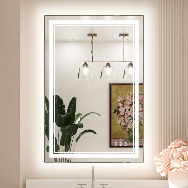 KeonJinn 24 in. W x 36 in. H Rectangular Frameless LED Light Anti-Fog Wall Bathroom Vanity Mirror with Frontlit and Backlit