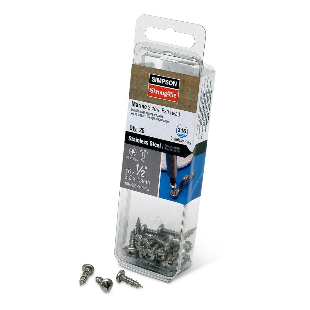 Simpson Strong-Tie #6 x 1/2 in. #2 Phillips Drive, Pan Head, Type 316  Stainless Steel Marine Screw (25-Pack) T06J050PX-RP25 - The Home Depot