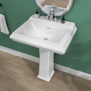 Modern White Vitreous China Rectangular Pedestal Ceramic Vessel Combo Sink with Centerset 3-Faucet Holes and Overflow
