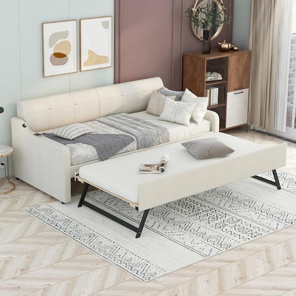 Harper & Bright Designs Beige Twin Size Wood Woven Fabric Upholstered Daybed with Twin Size Adjustable Portable Folding Trundle, USB Charging