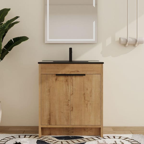 ARTCHIRLY 30 in. W x 18.3 in. D x 34.3 in. H Single Sink Free-Standing Bath Vanity in Brown with Black Ceramic Top
