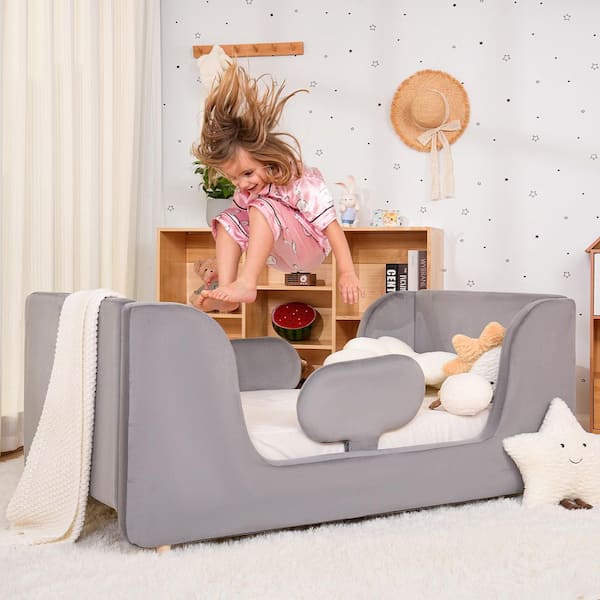 Kids Chair Toddler Floor Bed Frame with Removable Guard Rails Kids Beds Standard Crib Size(Mattress Not Included)