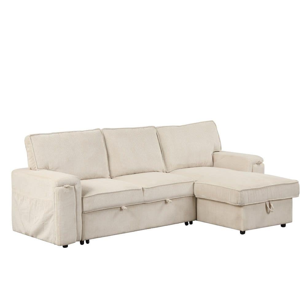 Beige 96.1 in. Corduroy Full Size Sleeper Sectional Sofa Bed with Storage B
