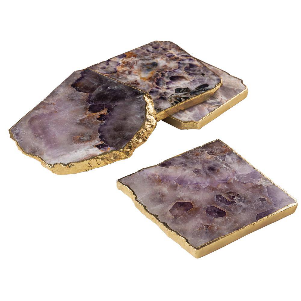 Dazzle Amethyst Stone Coasters with Gold Edges, Set of 4