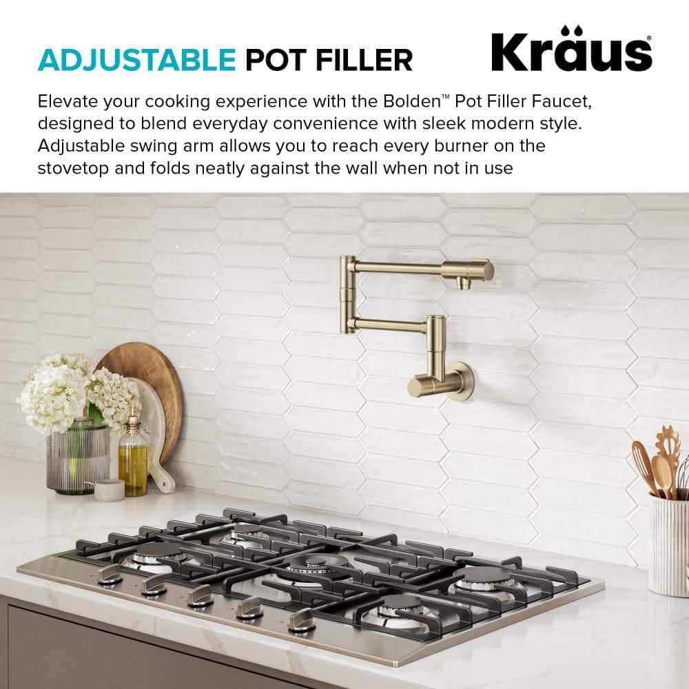Bolden Wall Mount Pot Filler Kitchen Faucet with Retractable Arm in Spot-Free Antique Champagne Bronze