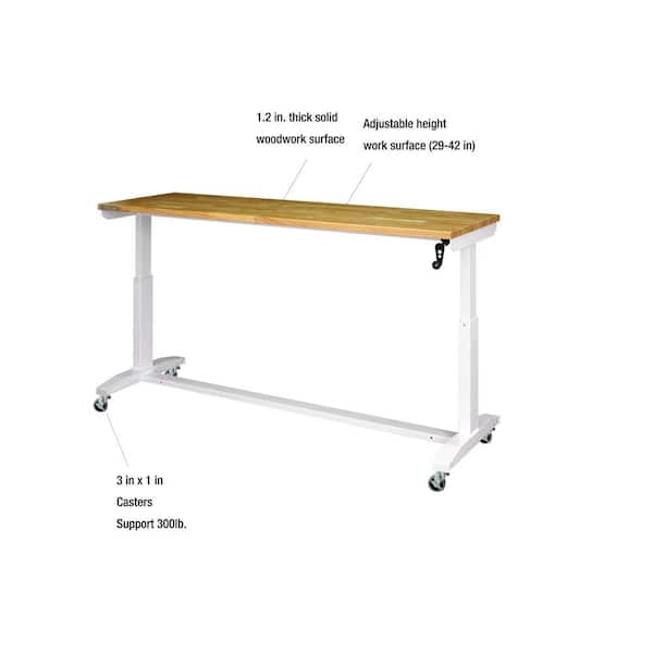 72 in. W x 24 in. D Adjustable Height White Workbench with Solid Wood Top