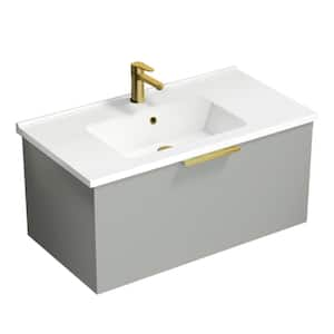 Bodrum 33.46 in. W x 17.72 in. D x 16.14 in. H Modern Bathroom Vanity in Grey Mist With White Ceramic Top