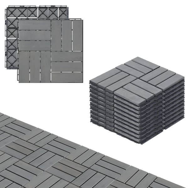12 in. x 12 in. Square Acacia Wood Checker Pattern Patio Interlocking Deck Tiles, Light Gray (10-Pieces)