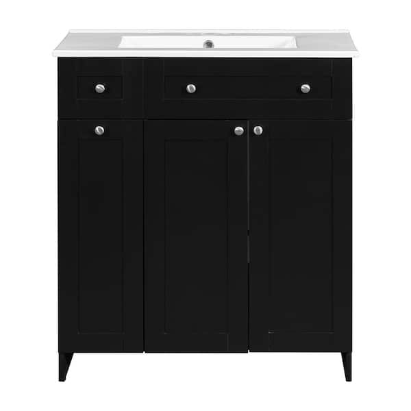 Aoibox 30 in. Freestanding Bath Vanity in Black with White Top Ceramic Sink Combo, 2 Soft-close Doors and 2-Tier Deep Drawer