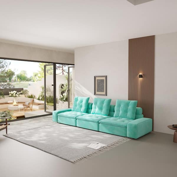 141.77 in. Square Arm Blue Velvet 3-Piece Modular Free Combination Sectional Sofa with Adjustable Backrest