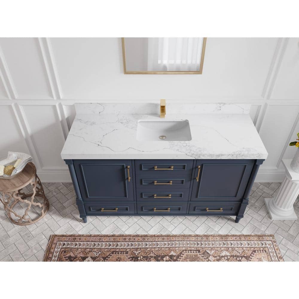 Hudson 60'' Navy Blue Solid Wood Single Bathroom Vanity with Quartz Top