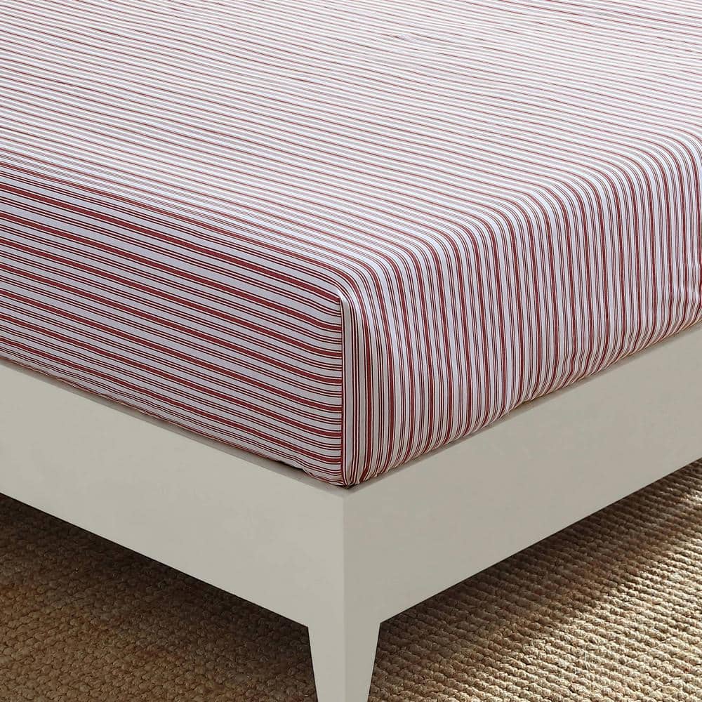 Twin Red Cotton Percale Striped Fitted Sheet