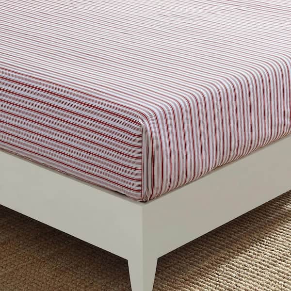 Nautica Coleridge Stripe 1-Piece Red Cotton Full Fitted Sheet