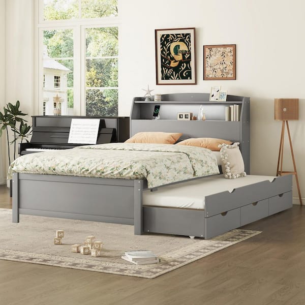 Daniel Gray Wooden Frame Full Size Platform Bed with Storage Headboard, Trundle, Drawers, LED Light, USB Outlets