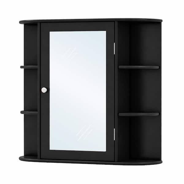 26 in. W x 25 in. H Rectangular Black MDF Surface Mount Medicine Cabinet with Mirror and Open Storage Shelves