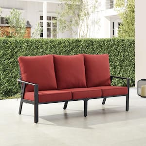 Black 1-Piece Aluminum Outdoor Deep Seating Deep Seating Couch with Cushion with Red Cushions