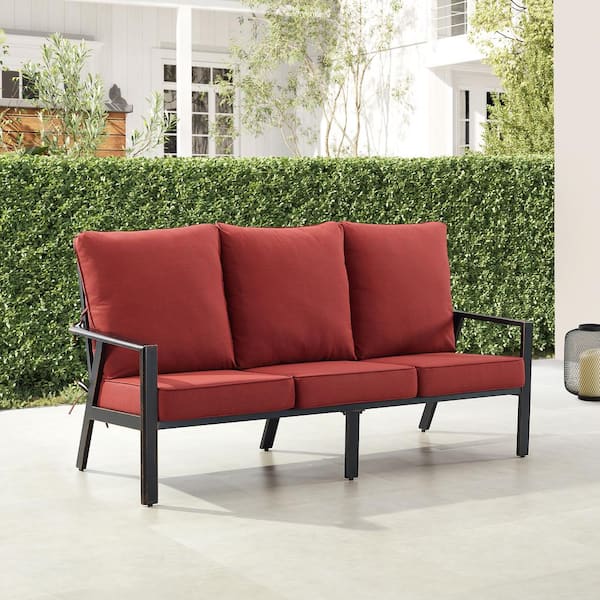 Oakland Living Black 1-Piece Aluminum Outdoor Deep Seating Deep Seating Couch with Cushion with Red Cushions