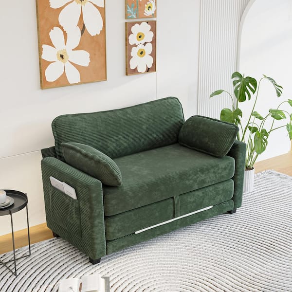 Yelmont Modern 51.15 in. Dark Green Corduroy Upholstered Twin Size Sofa Bed 2-in-1 Convertible Sleeper Sofa Loveseat