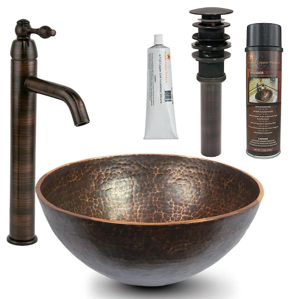 Premier Copper Products All-in-One Round 13 in. Hand Forged Old World Copper Vessel Sink and Faucet in Oil Rubbed Bronze