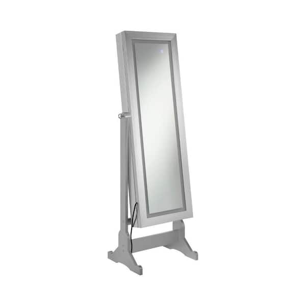 Benjara 21.5 in. W x 58 in. H Wood Silver Full Body Floor Cheval Mirror with Jewelry Storage and LED