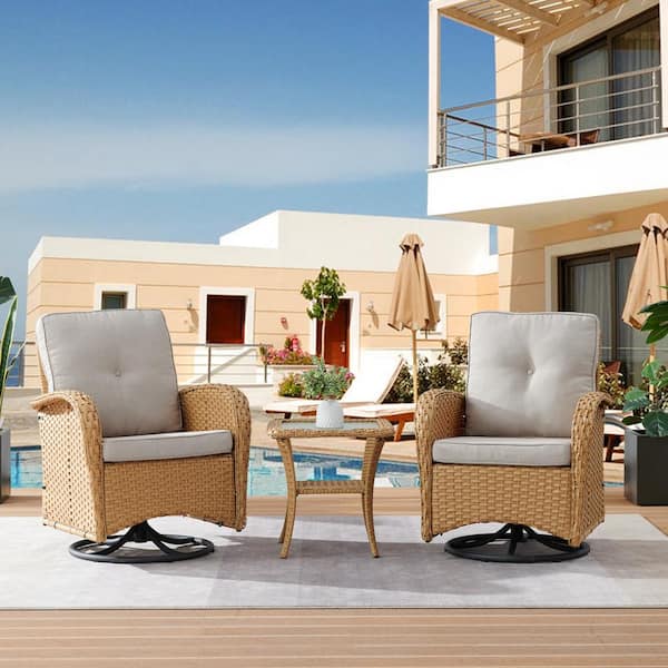 Opohoro PlainCurve 3-Piece Yellow Wicker Swivel Outdoor Rocking Chairs Patio Conversation Set with Olefin Beige Cushions