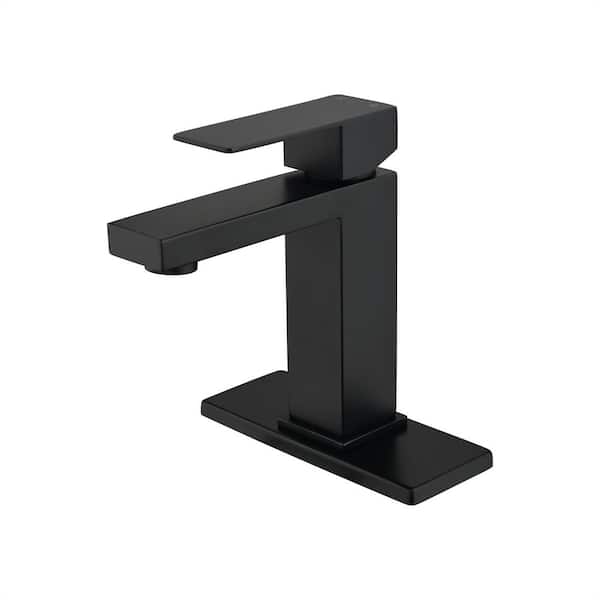 FLG Single Handle Single Hole Bathroom Faucet with Deckplate Included Modern Stainless Steel Sink Basin Taps in Matte Black