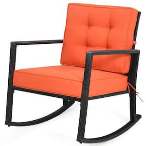 Black Wicker Outdoor Rocking Chair Glider Rattan Rocker Recliner with Orange Cushions