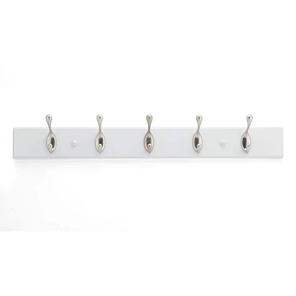 Brushed Nickel and White 24" 5-Hook Wall Rack