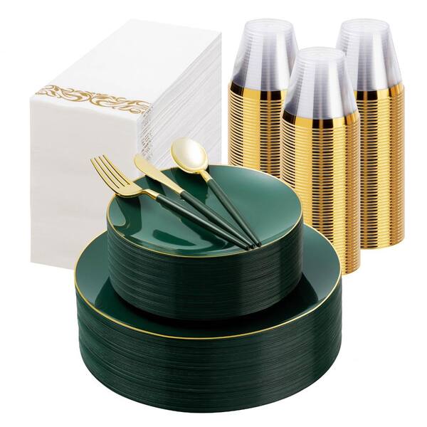 Plastic Dinnerware Set for Special Event, Green and Gold, 350 Pieces with Plates, Cups, Utensils, Napkins