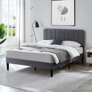 Upholstered Bed Frame Gray Metal Frame Full Platform Bed with Adjustable Headboard, Strong Wooden Slats Support