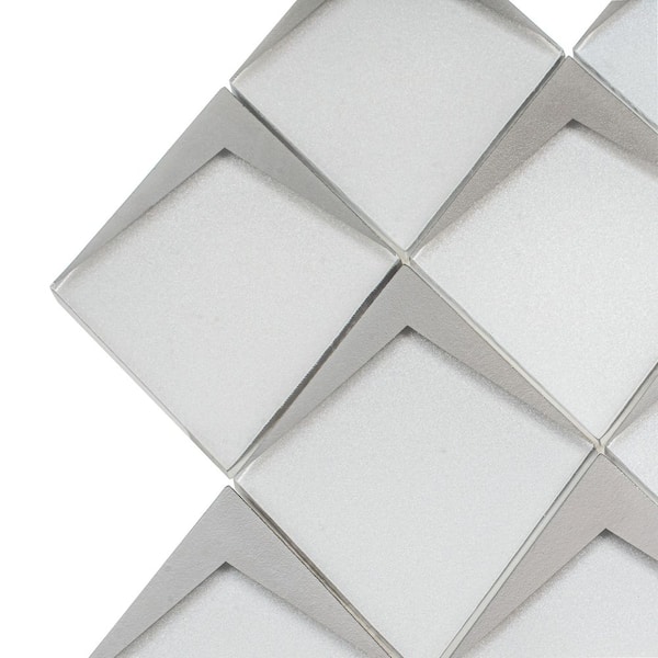 Solace 4 in. x 4 in. Matte White Metallic Silver Glass Diamond Mosaic Wall Tile Sample (0.14 sq ft)