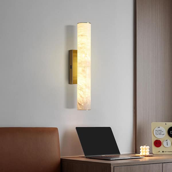 20 in. 2-Light Brass Dimmable LED Wall Sconce, Modern Spanish Natural Marble Wall Light, for Bedroom, Stairs (1-Piece)