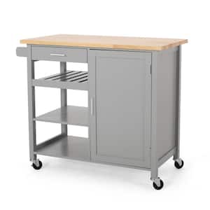 Rolling Kitchen Cart with Drawer, Three Open shelves and Towel Rack in Gray