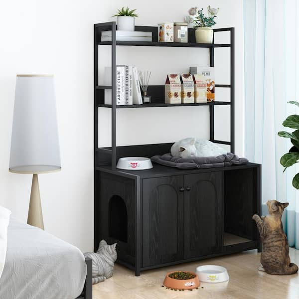 Unbranded 52 in. H Black Cat Litter Box Enclosure with Shelf Storage Hidden Cat Washroom Furniture with Scratch Pad Cat Cabinet