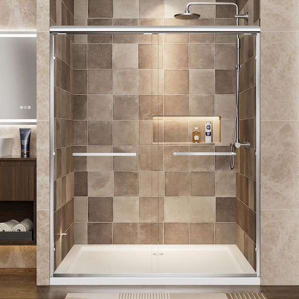 Vitrina 60 in. W x 72 in. H Double Sliding Frame Shower Door in Chrome Finish with Clear Tempered Glass and Handles