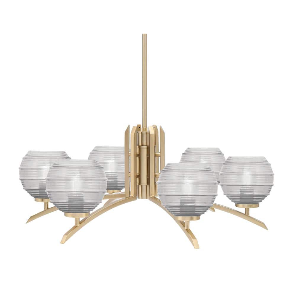 Siena 27.5 in. 6-Light New Age Brass Chandelier with 6 in. Clear Ribbed Gla